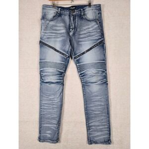 Black Premium Mens Moto Biker Jeans Light Wash Distressed Ribbed Zipper 36x32